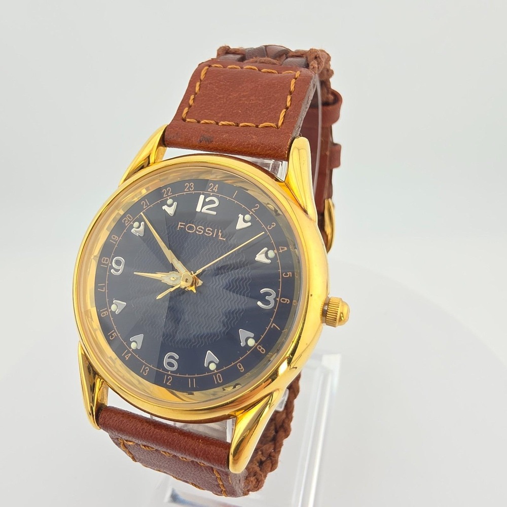 Vtg 1990s FOSSIL Mens Watch PC9271 Prism Crystal Brown Leather Gold Plate 7.75"